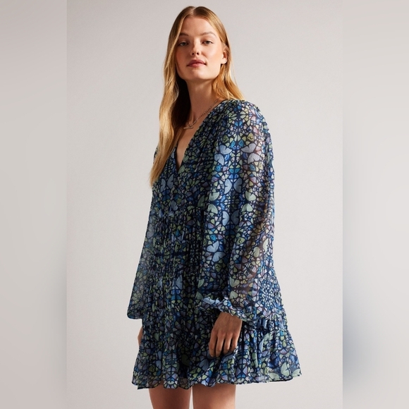 Ted Baker Tiered Swing Mini Dress Butterfly Print Long Sleeve in Blue Size 8 - Picture 2 of 16